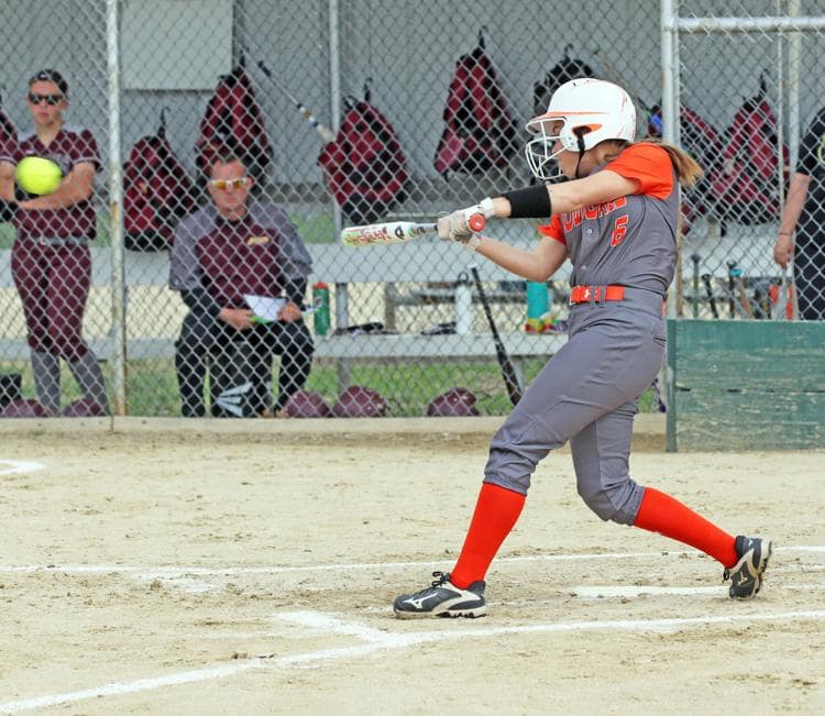 Rylie decks a ball in a losing effort to Hays in mid-April. She would score Turner Alderson on this play. 